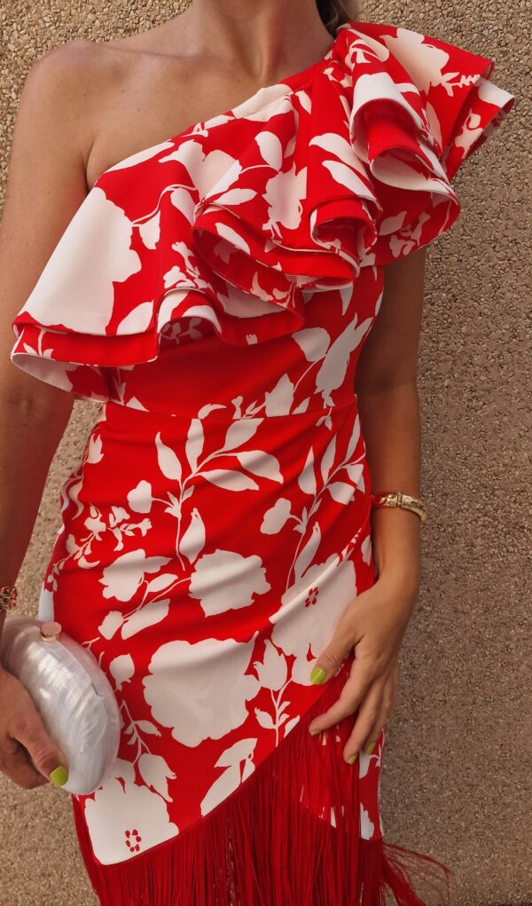 Vestido flecos estampado floral rojo