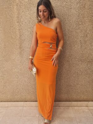 Vestido largo asimétrico detalle concha cintura naranja