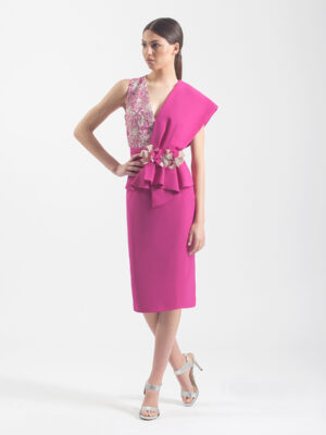 Vestido banda hombro combinado encaje fucsia