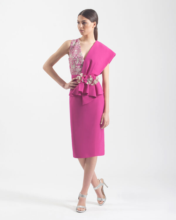 Vestido banda hombro combinado encaje fucsia