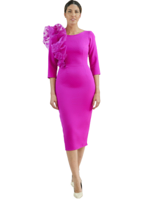 Vestido volante tul topos hombro fucsia