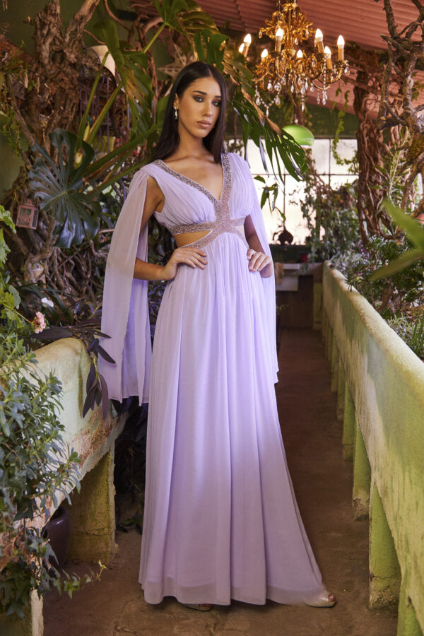 Vestido largo gasa detalles pedrería pistacho