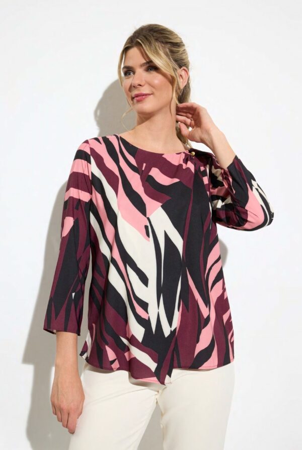 Blusa estampado burdeos y rosa abalorio hombro