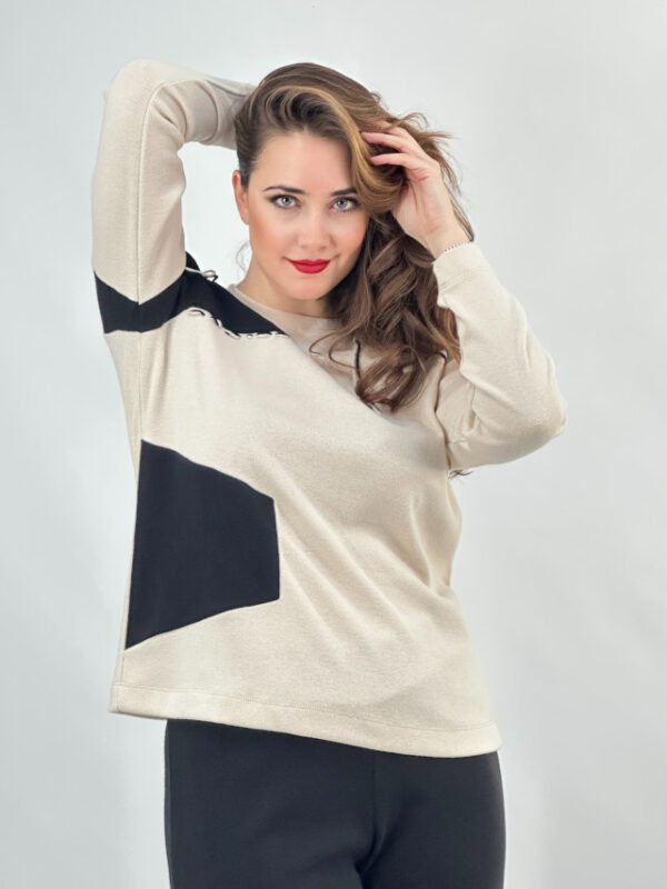 Conjunto jersey y pantalón punto combinado negro y crudo - Imagen 3