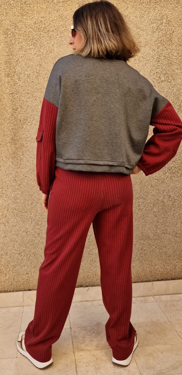 Conjunto sudadera y jogger combinado rayas gris y burdeos - Imagen 4