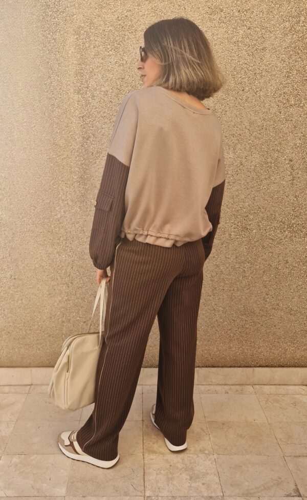 Conjunto sudadera y jogger combinado rayas beige y marrón - Imagen 6