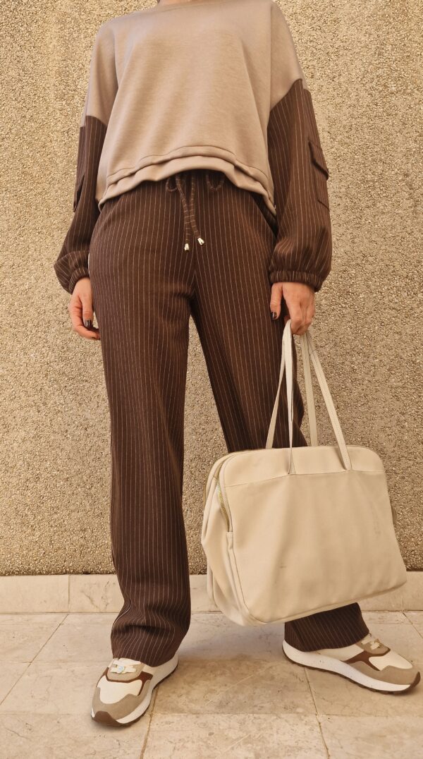 Conjunto sudadera y jogger combinado rayas beige y marrón - Imagen 5