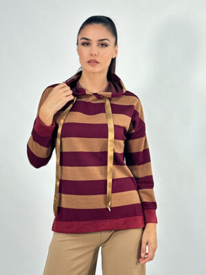 Sudadera rayas camel y burdeos con capucha