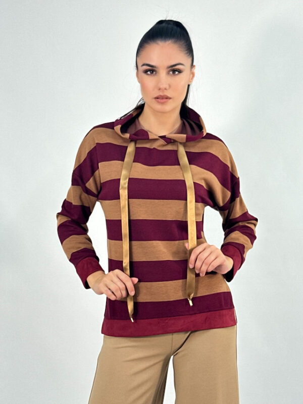 Sudadera rayas camel y burdeos con capucha - Imagen 2