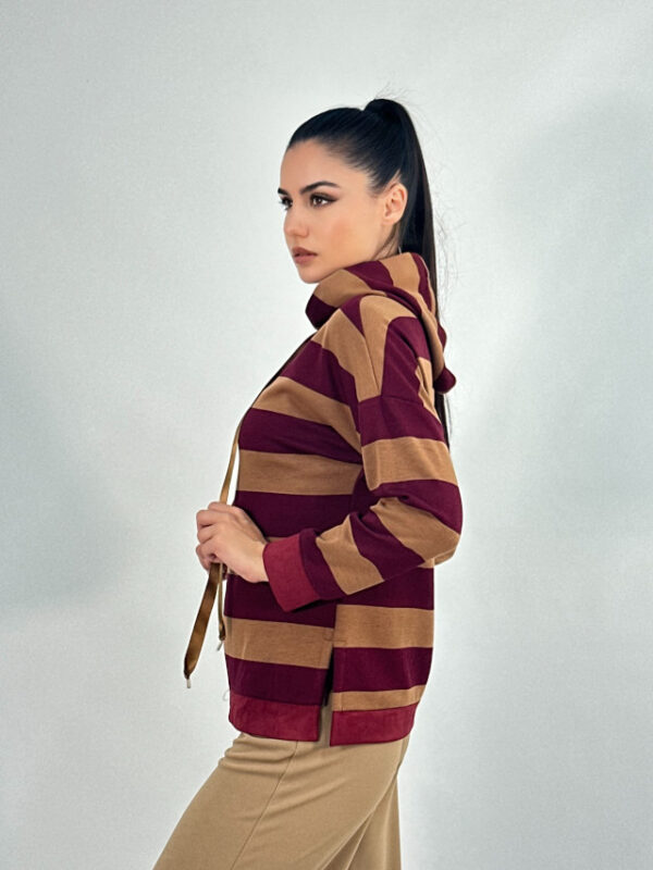 Sudadera rayas camel y burdeos con capucha - Imagen 3