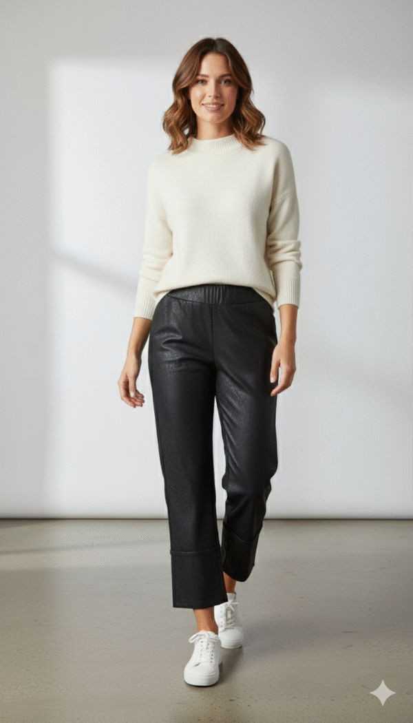 Pantalón ancho bajo vuelta polipiel negro