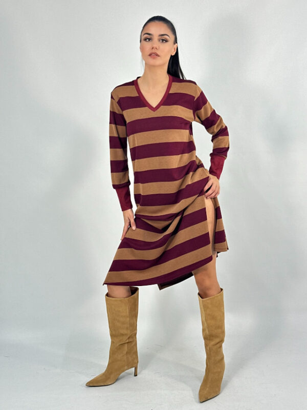 Vestido punto rayas camel y burdeos - Imagen 3