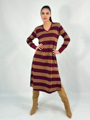 Vestido punto rayas camel y burdeos
