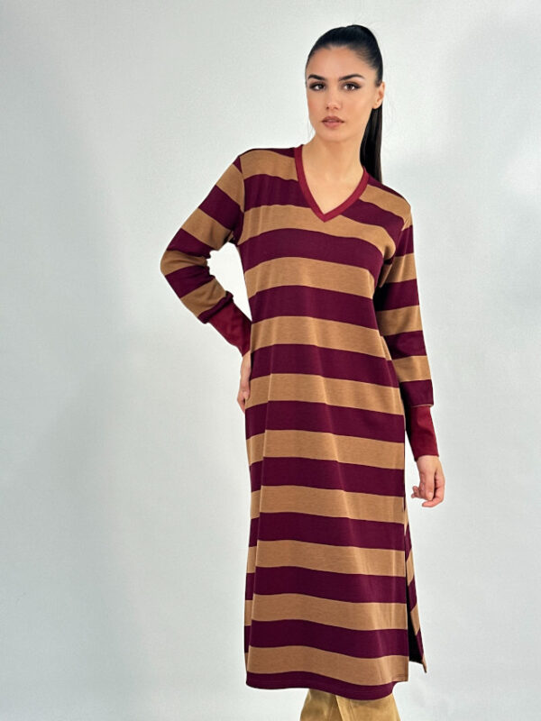 Vestido punto rayas camel y burdeos - Imagen 2