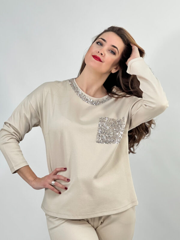 Conjunto jersey y pantalón jogger cuello y bolsillos lentejuelas beige - Imagen 4