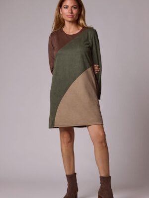 Vestido corto tricolor marrón, verde y topo