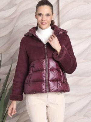 Chaquetón combinado ante y enguatado con capucha corto burdeos
