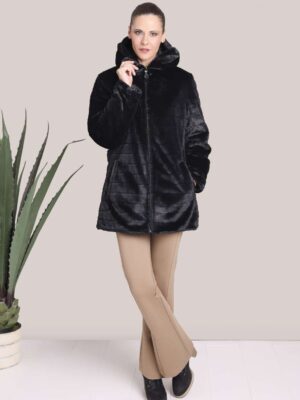 Chaquetón reversible enguatado y pelo con capucha desmontable negro