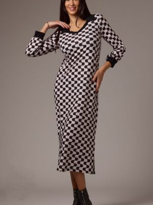 Vestido estampado ondas negro y blanco detalle cuello