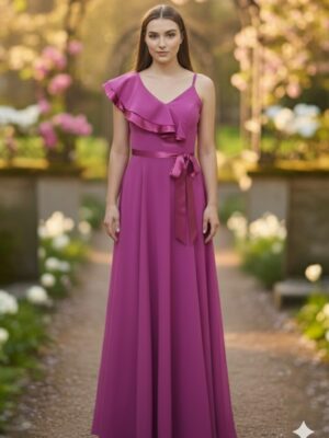 Vestido largo tul escote cruzado abertura pierna lazada