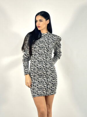 Vestido manga farol estampado blanco y negro