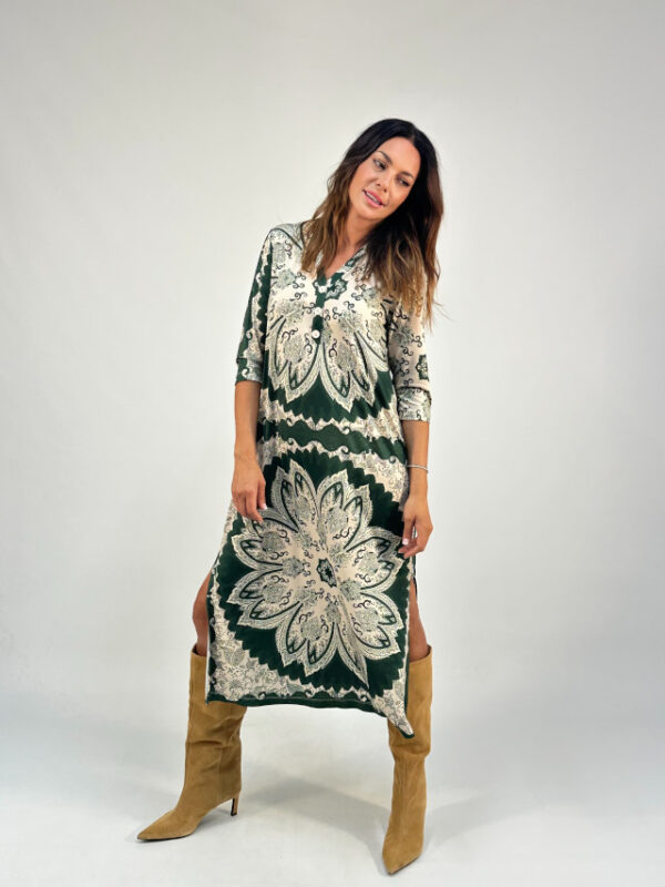 Vestido estampado flor verde y beige - Imagen 3