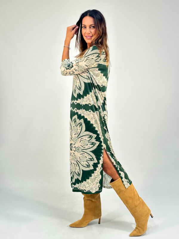 Vestido estampado flor verde y beige - Imagen 2