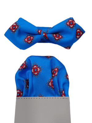 Pajarita azul tinta flores cuadradas rojas