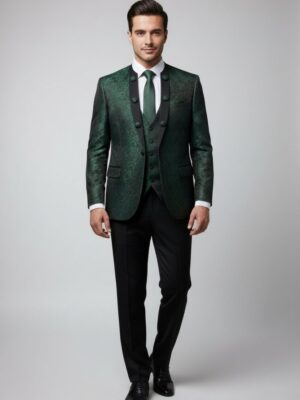 Traje ceremonia cuello mao brocado flores verde y negro