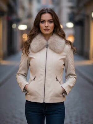 Cazadora polipiel corta cuello pelo beige