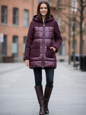 Chaquetón combinado ante y enguatado con capucha tres cuartos burdeos