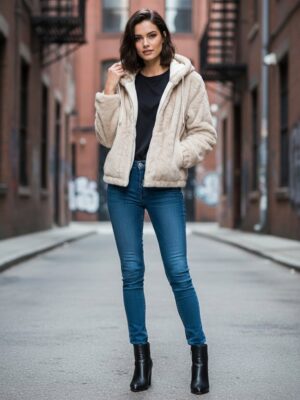 Chaquetón reversible corto pelo y polipiel beige