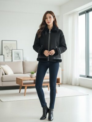 Chaquetón corto combinado piel vuelta y pelo negro