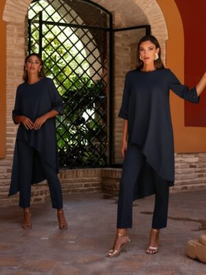 Conjunto blusón y pantalón abalorios mangas azul marino