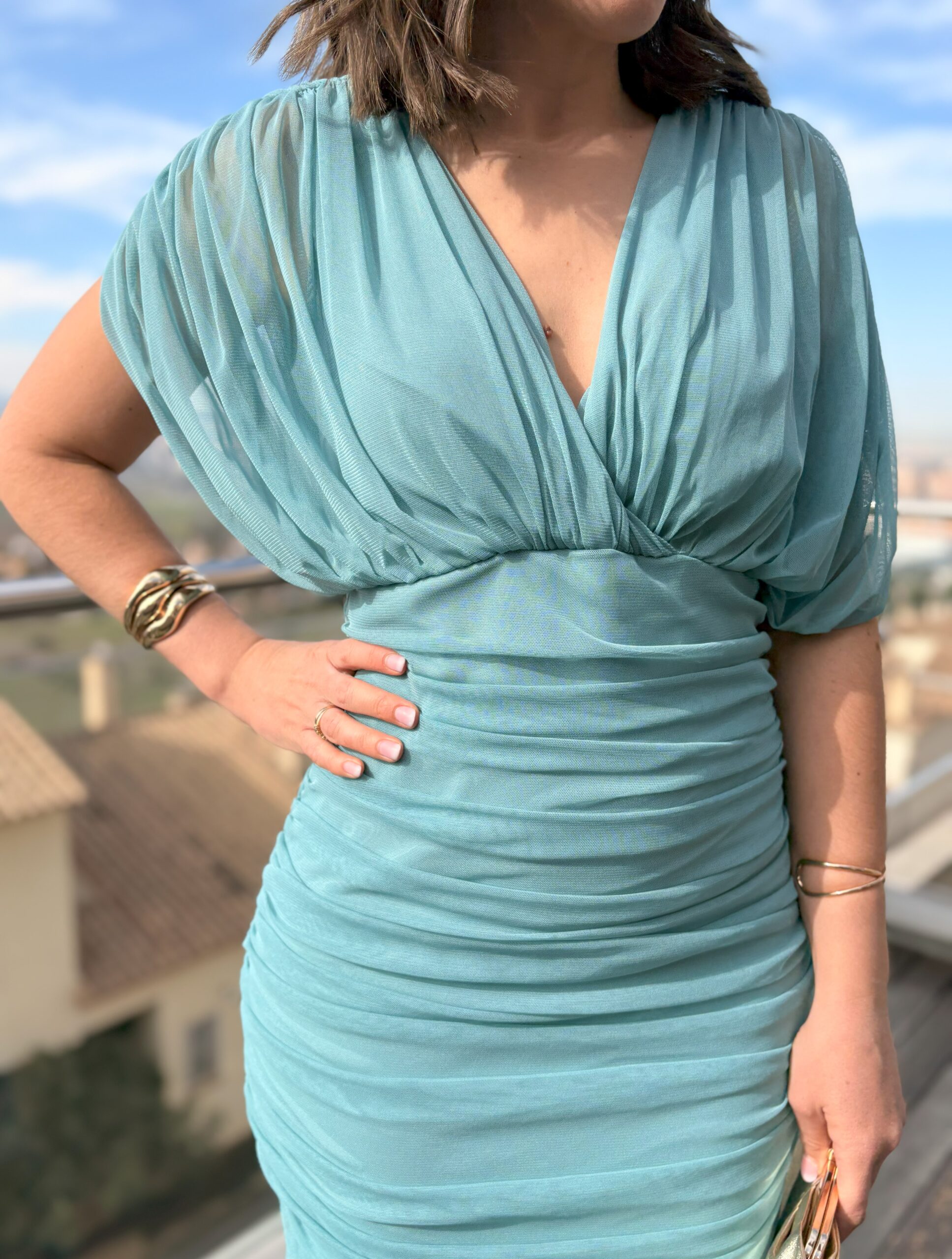 Vestido largo tul transparencias verde agua - Imagen 4