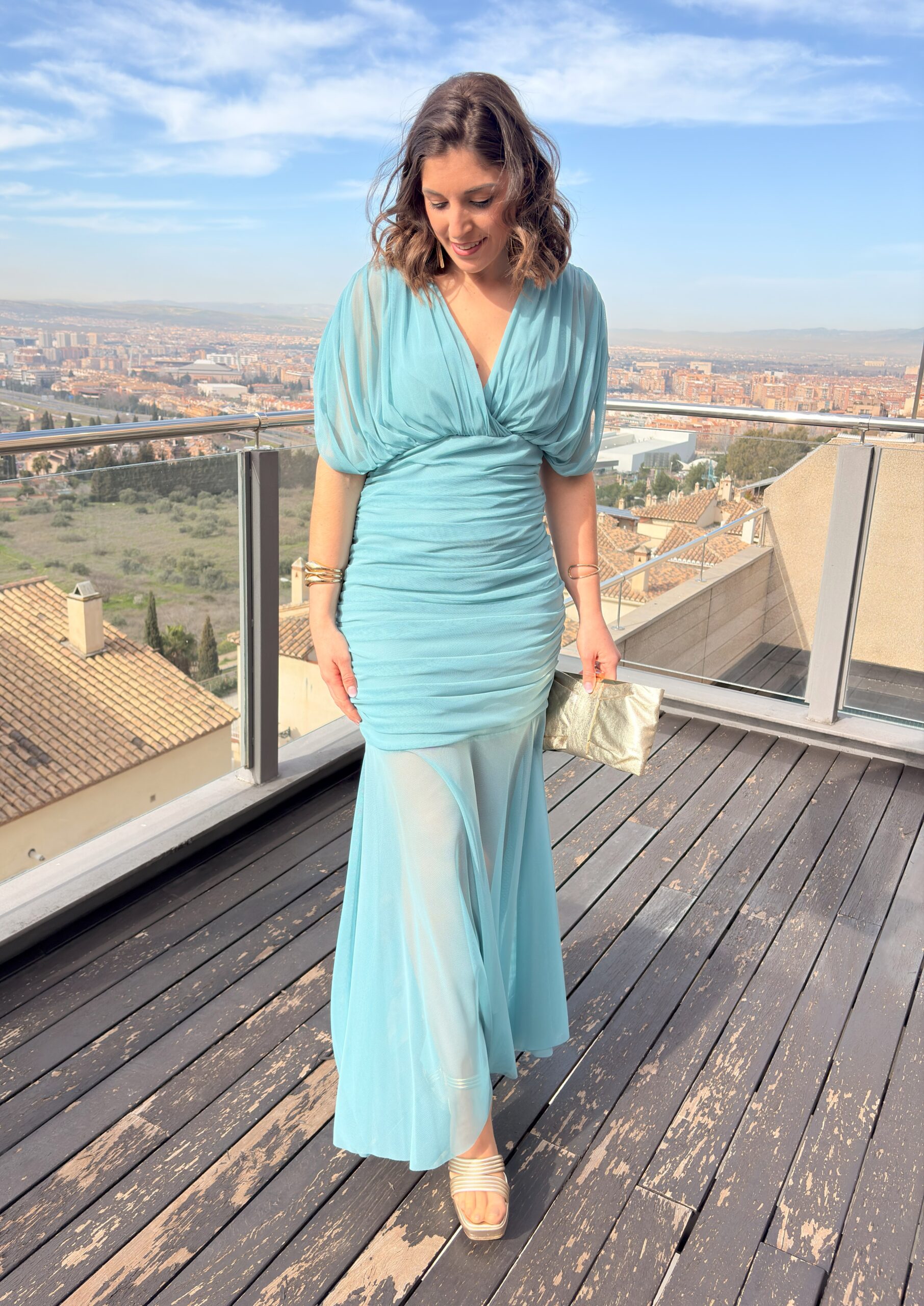 Vestido largo tul transparencias verde agua - Imagen 3