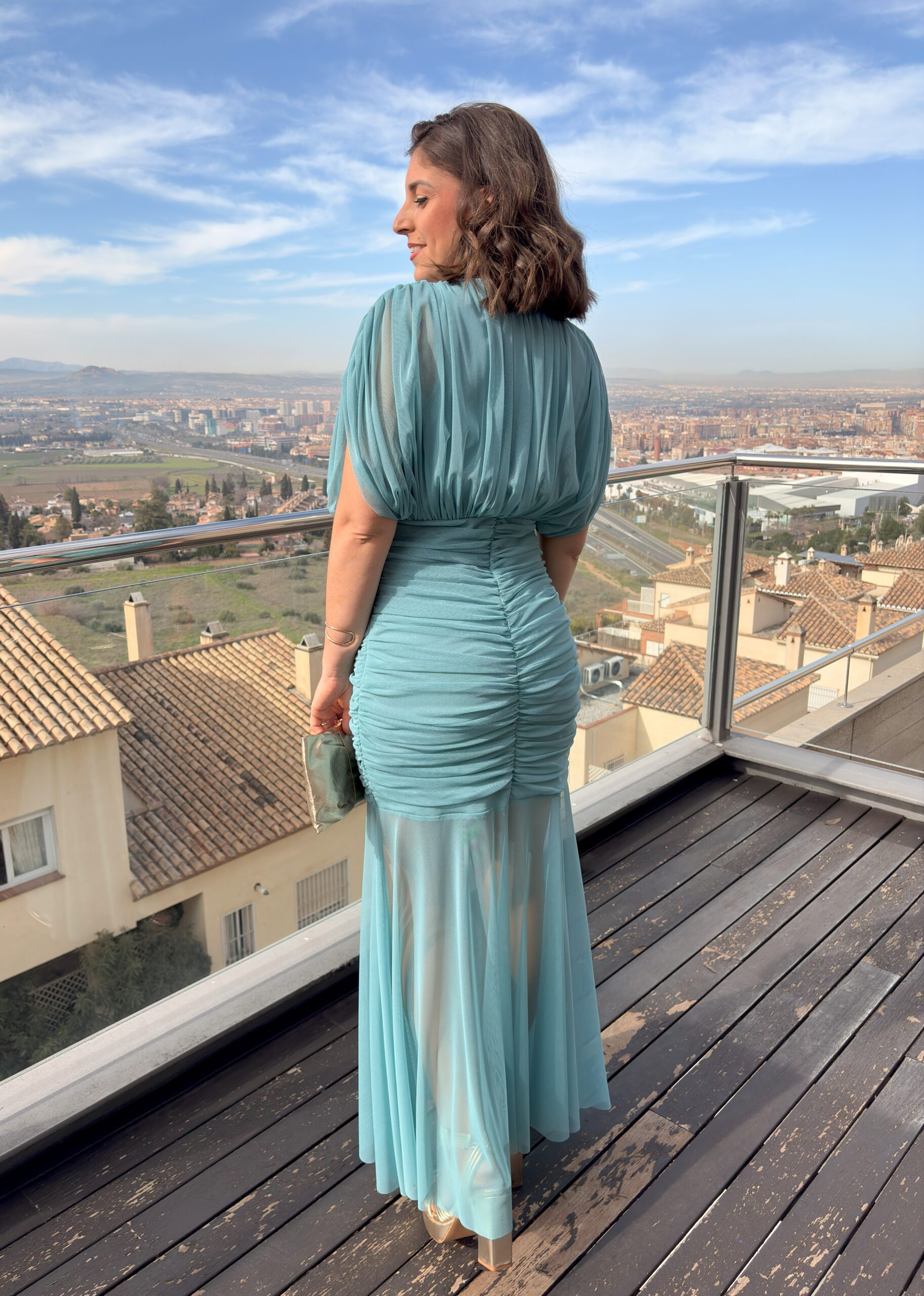 Vestido largo tul transparencias verde agua - Imagen 5