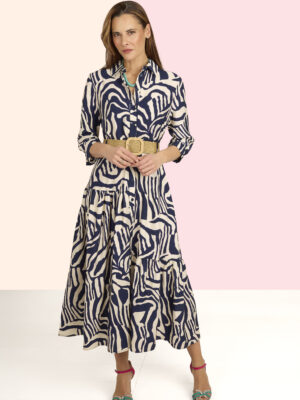 Vestido camisero animal print marino y blanco