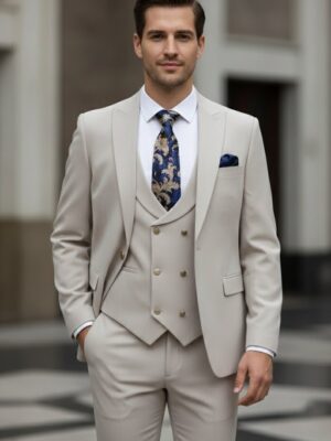 Traje con chaleco crudo tejido punto