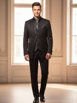 Traje ceremonia cuello mao detalles cachemir negro