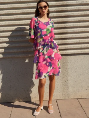 Vestido gasa corto volantes cruzados estampado