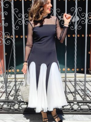 Vestido godets blanco y negro