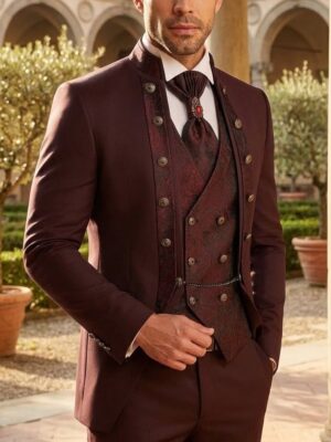 Traje ceremonia cuello mao detalles damasco burdeos