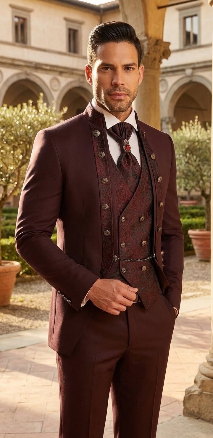 Traje ceremonia cuello mao detalles damasco burdeos