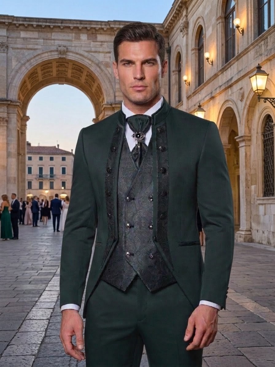 Traje ceremonia cuello mao detalles damasco verde botella