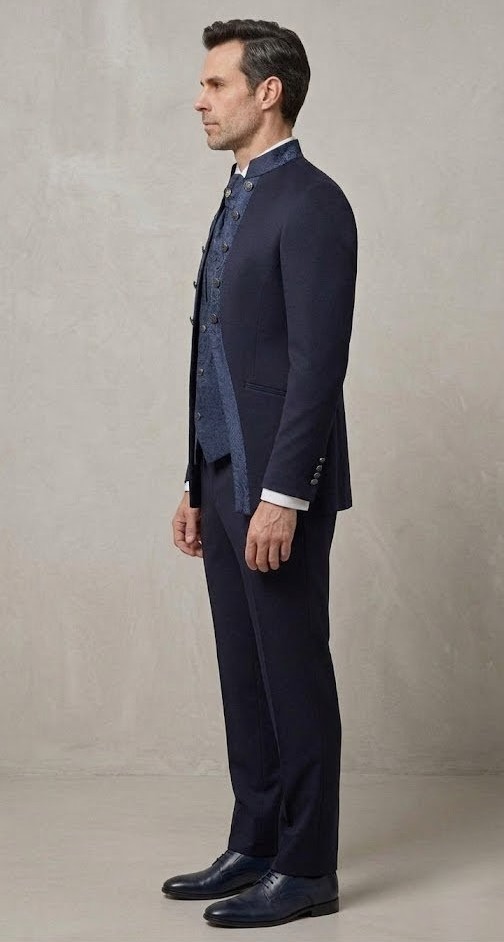 Traje ceremonia cuello mao detalles cachemir marino - Imagen 3