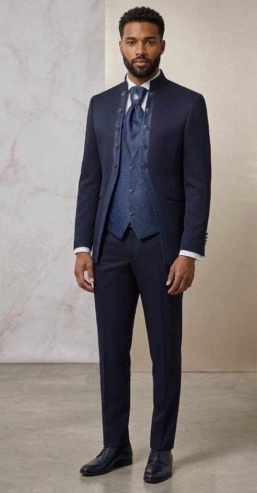 Traje ceremonia cuello mao detalles cachemir marino - Imagen 2