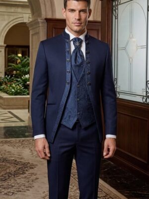 Traje ceremonia cuello mao detalles cachemir marino