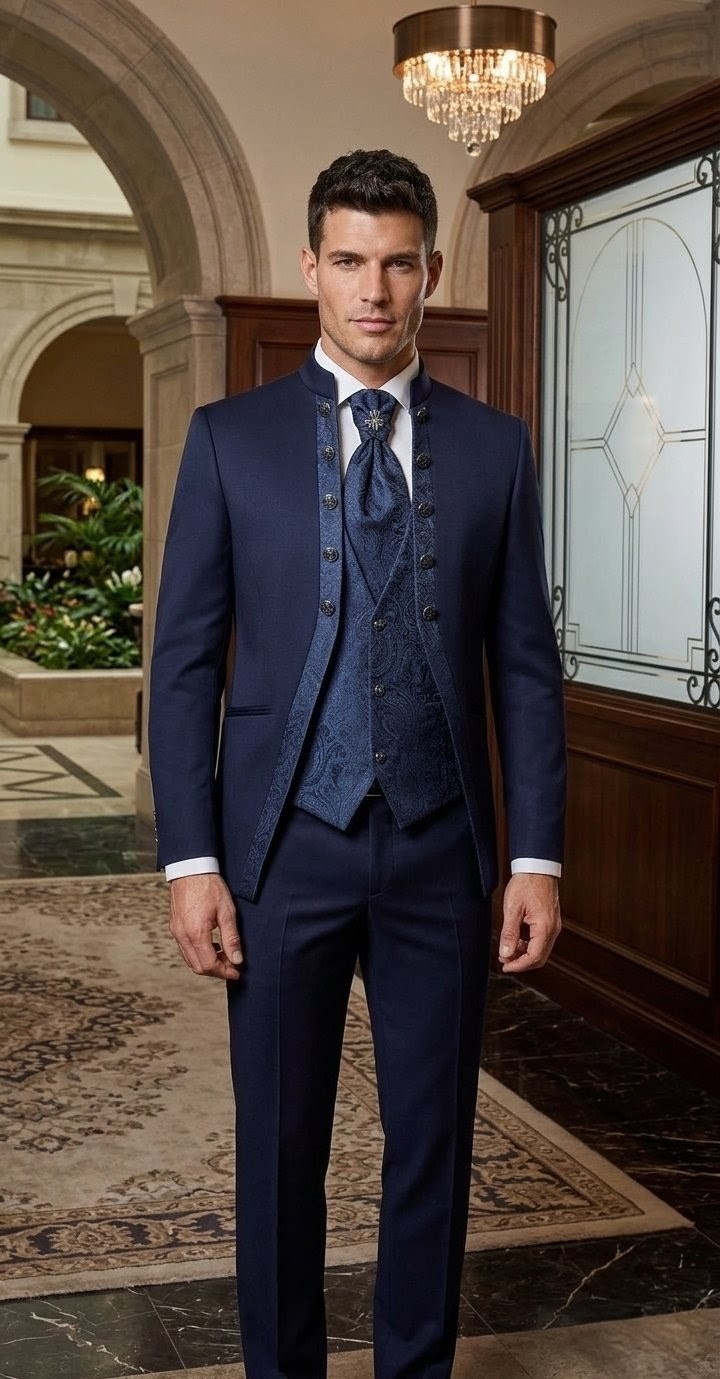 Traje ceremonia cuello mao detalles cachemir marino