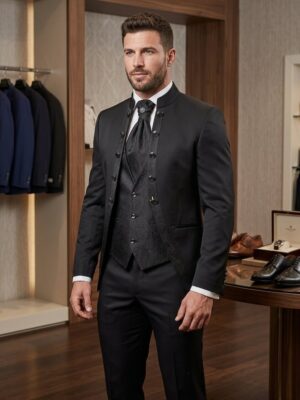 Traje ceremonia cuello mao detalles cachemir negro